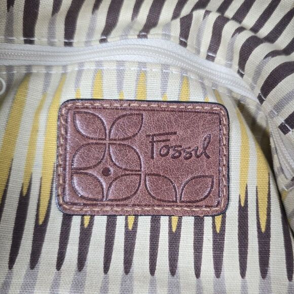 Fossil Shoulder Bag Natural Woven Fabric Paisley Leather Brown Beige Wooden Key - Picture 7 of 13